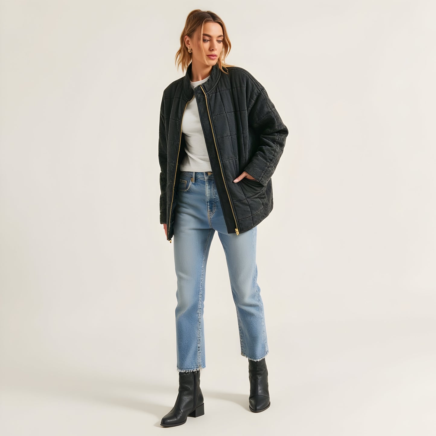 Quilted Zip-Up Jacket with Stand Collar and Square Stitch Detailing