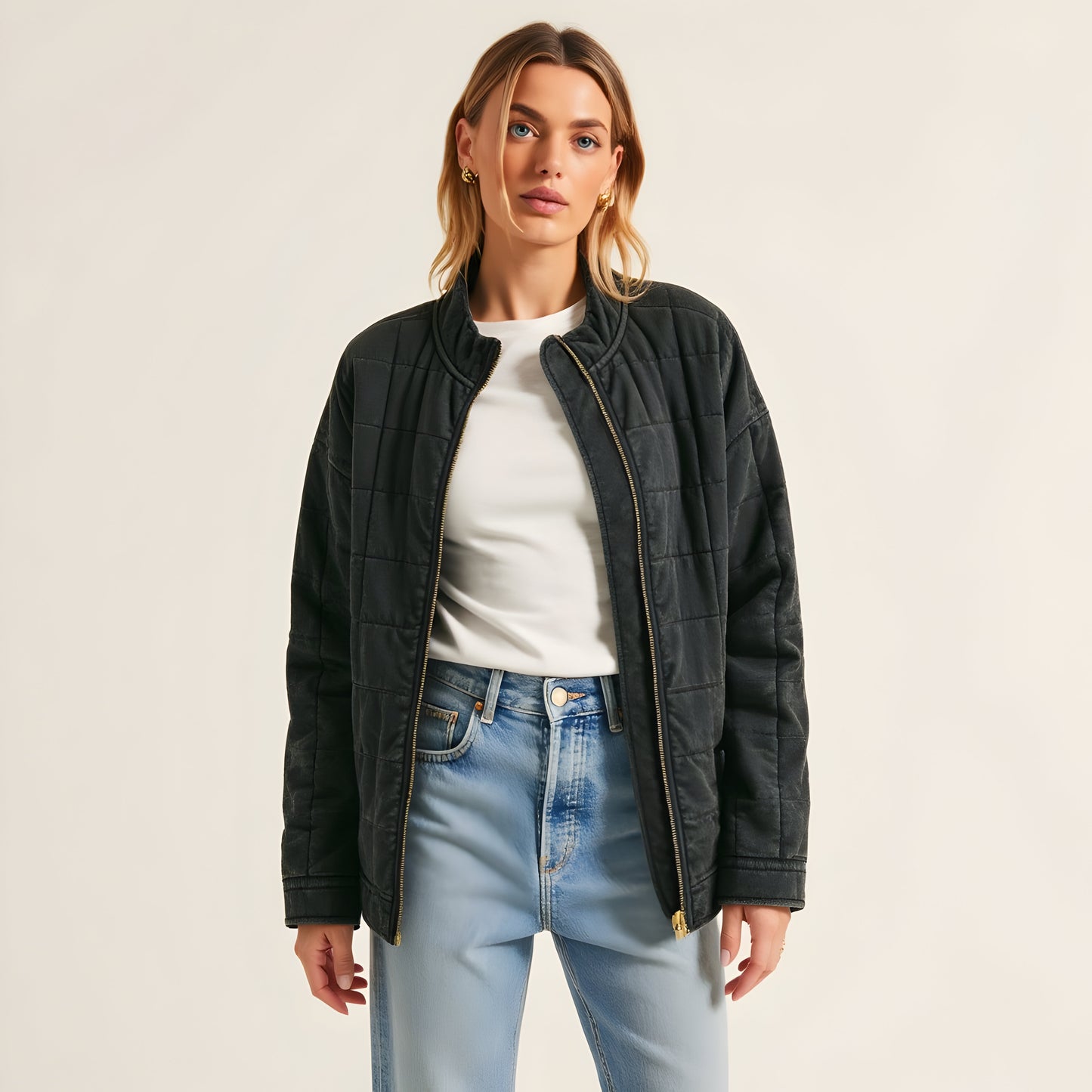 Quilted Zip-Up Jacket with Stand Collar and Square Stitch Detailing