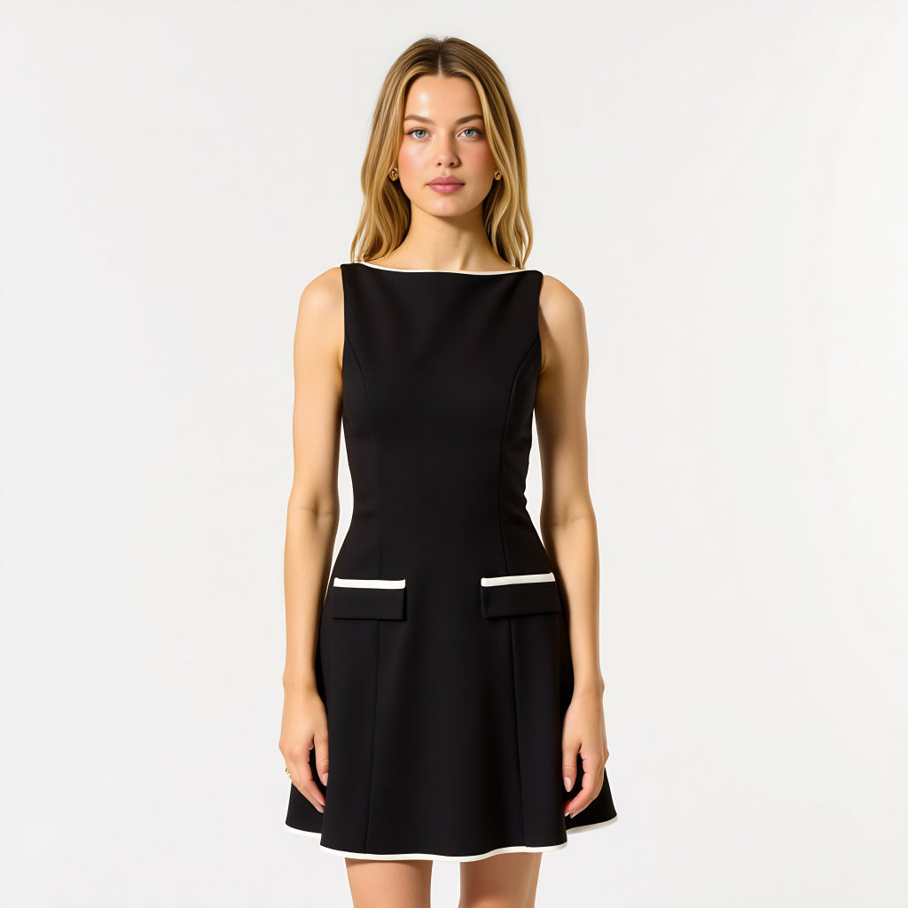 Sleeveless Contrast Trim Mini Black Sleek Dress with Welt Pocket
