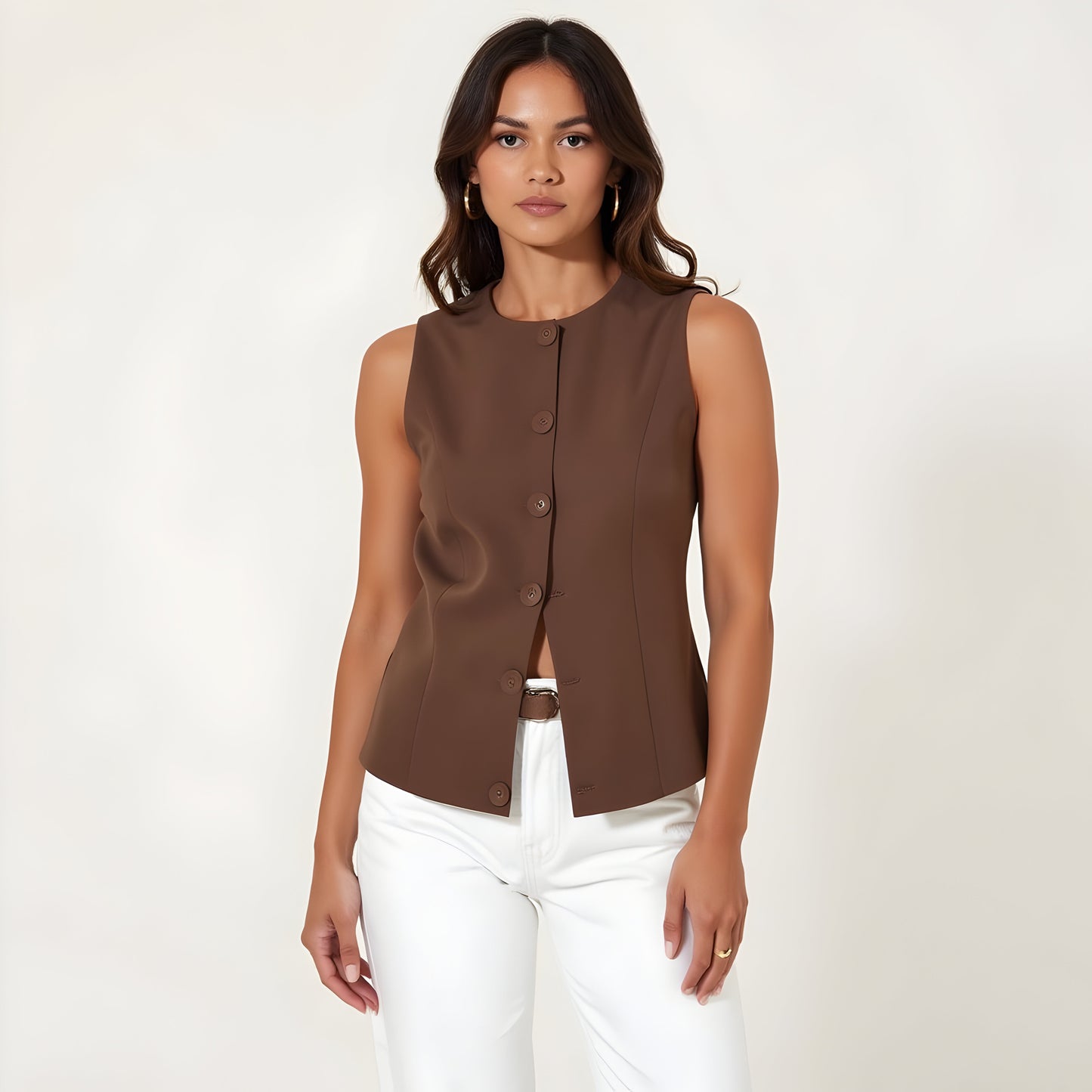 Sleeveless Asymmetric Button-Up Top with Tailored Fit and Scoop Neckline