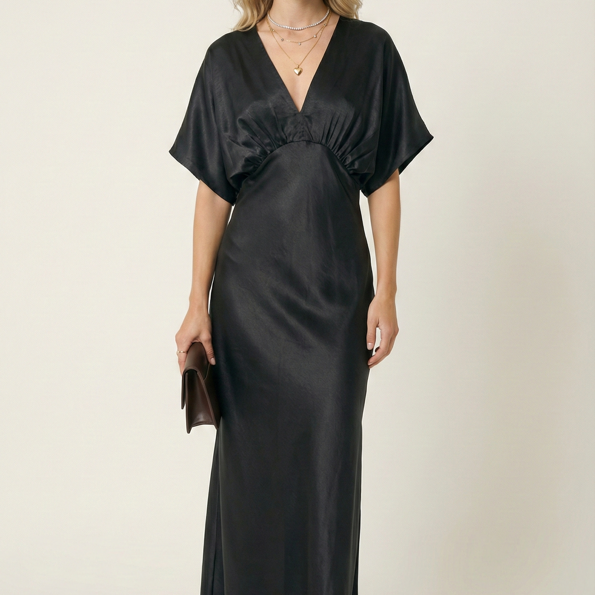 Black Flowy Maxi Dress With Deep V Neckline And Empire Waist – Modenaire
