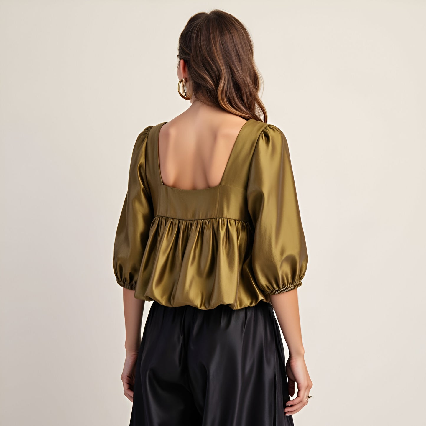Gathered Bubble Hem Top with Puff Sleeves and Square Neckline