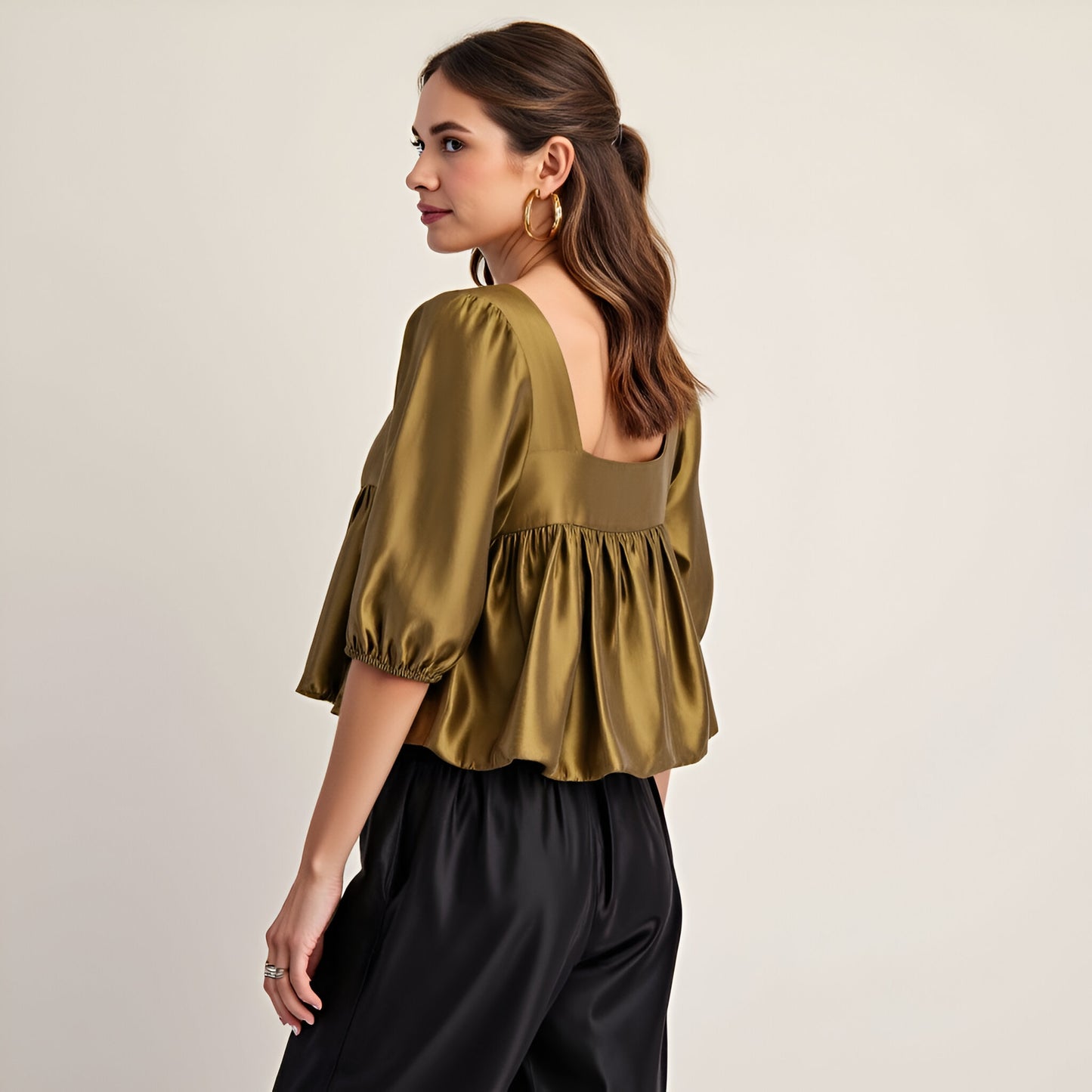 Gathered Bubble Hem Top with Puff Sleeves and Square Neckline