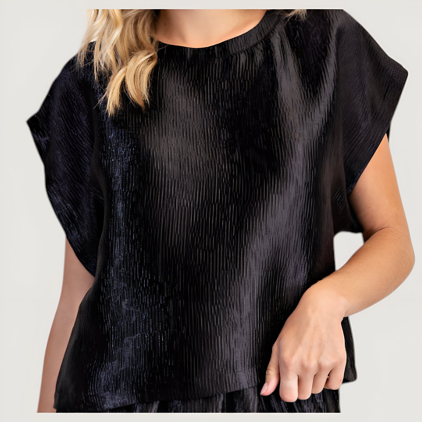 Short Sleeve Textured Satin Blouse with Relaxed Fit and Keyhole Back