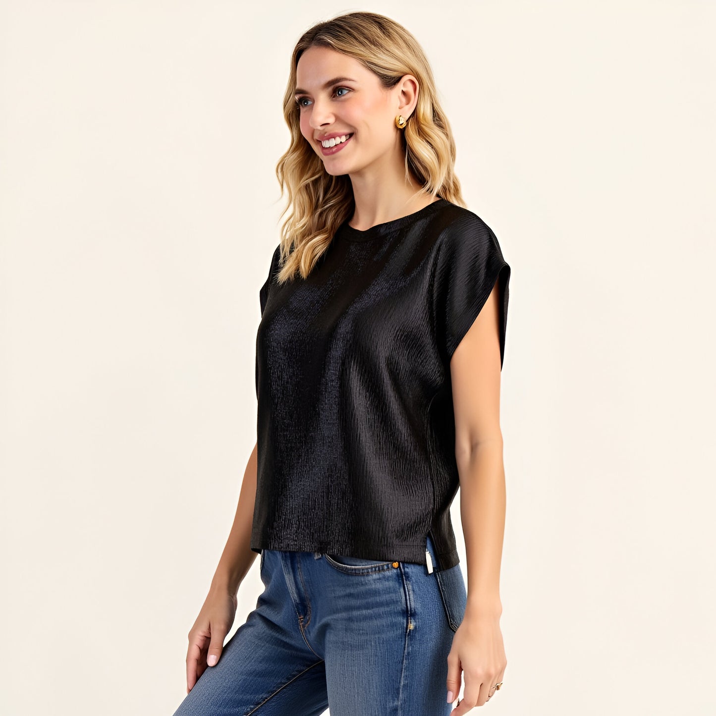 Short Sleeve Textured Satin Blouse with Relaxed Fit and Keyhole Back