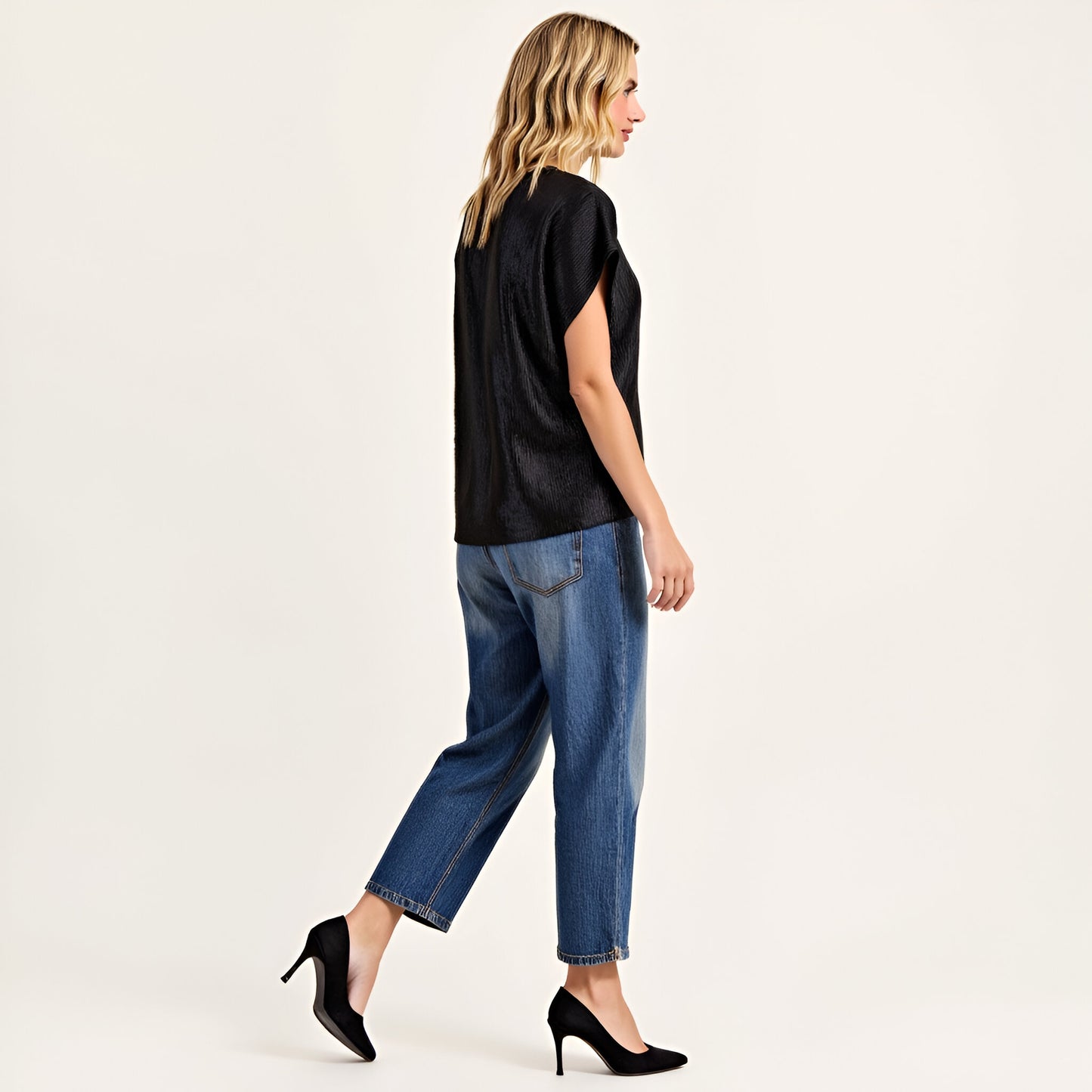 Short Sleeve Textured Satin Blouse with Relaxed Fit and Keyhole Back