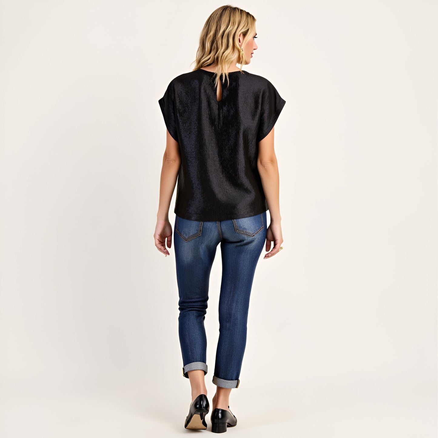 Short Sleeve Textured Satin Blouse with Relaxed Fit and Keyhole Back
