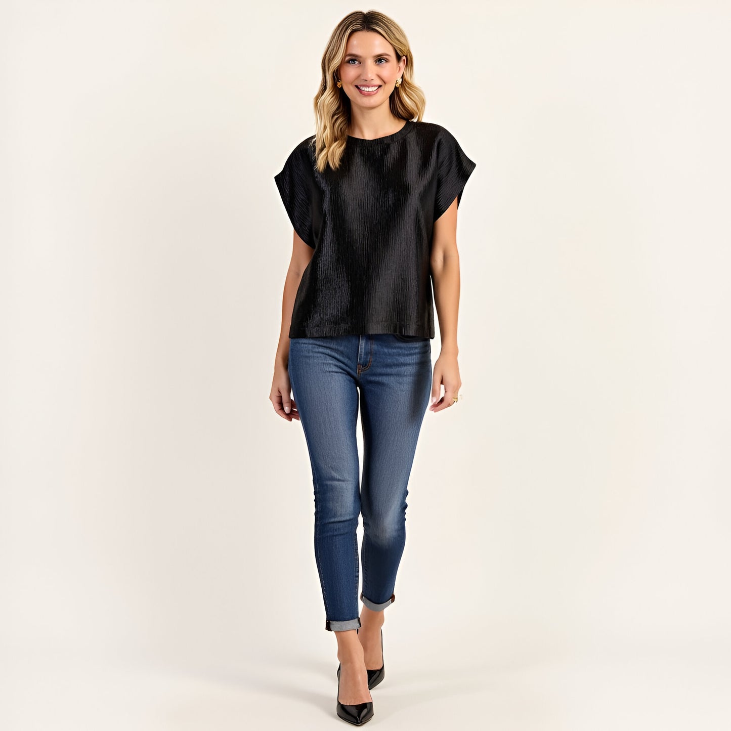 Short Sleeve Textured Satin Blouse with Relaxed Fit and Keyhole Back
