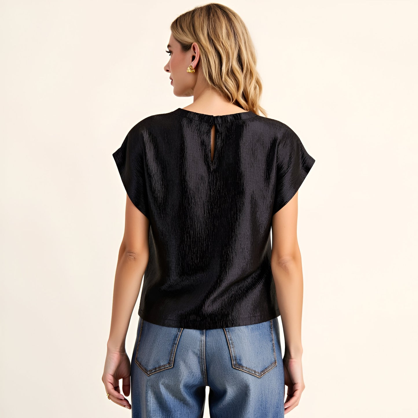 Short Sleeve Textured Satin Blouse with Relaxed Fit and Keyhole Back