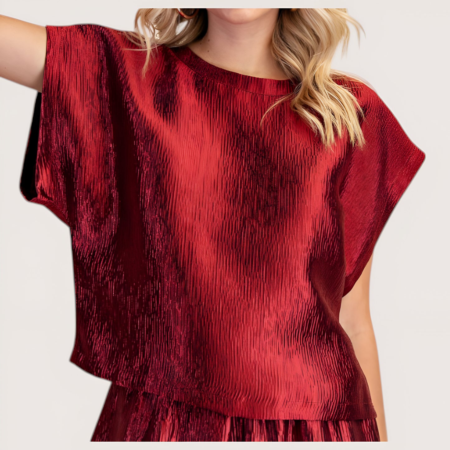 Short Sleeve Textured Satin Blouse with Relaxed Fit and Keyhole Back