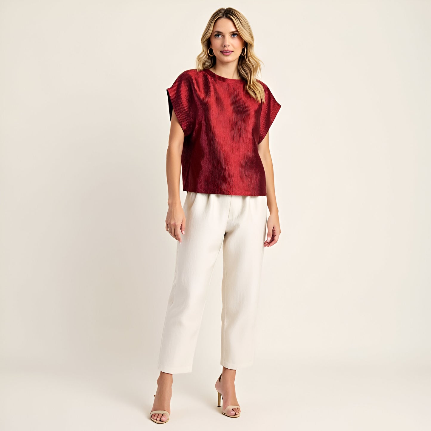 Short Sleeve Textured Satin Blouse with Relaxed Fit and Keyhole Back