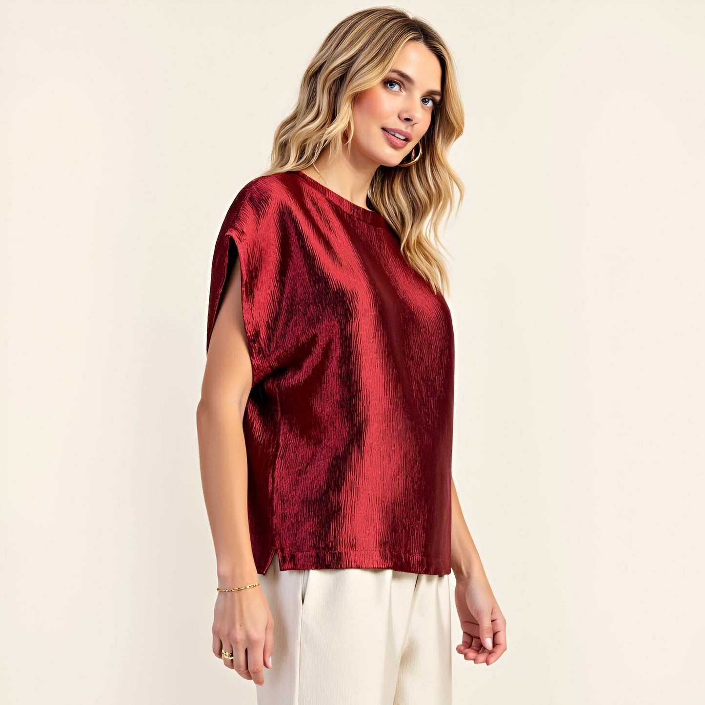Short Sleeve Textured Satin Blouse with Relaxed Fit and Keyhole Back