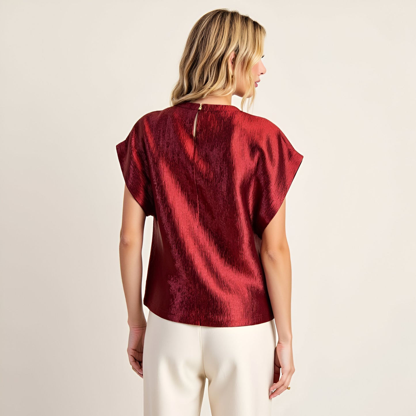 Short Sleeve Textured Satin Blouse with Relaxed Fit and Keyhole Back