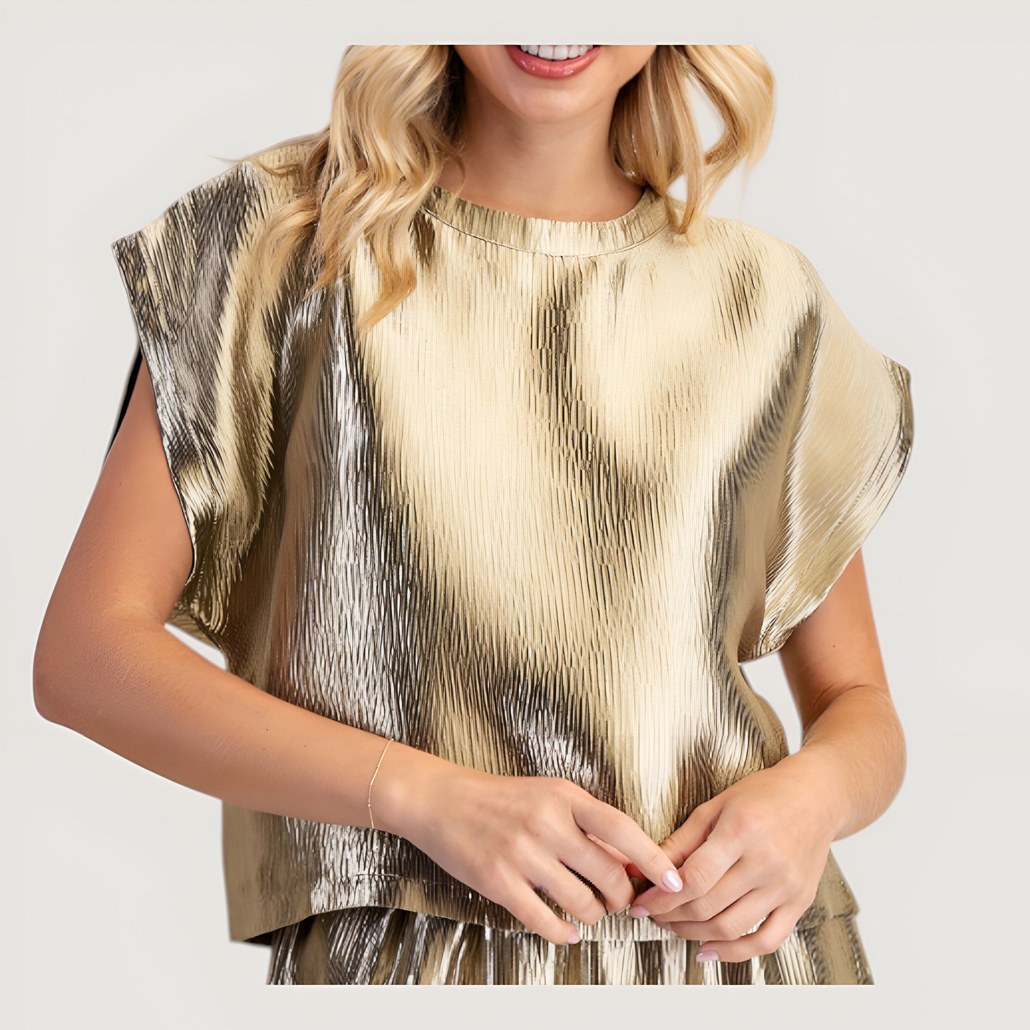 Short Sleeve Textured Satin Blouse with Relaxed Fit and Keyhole Back
