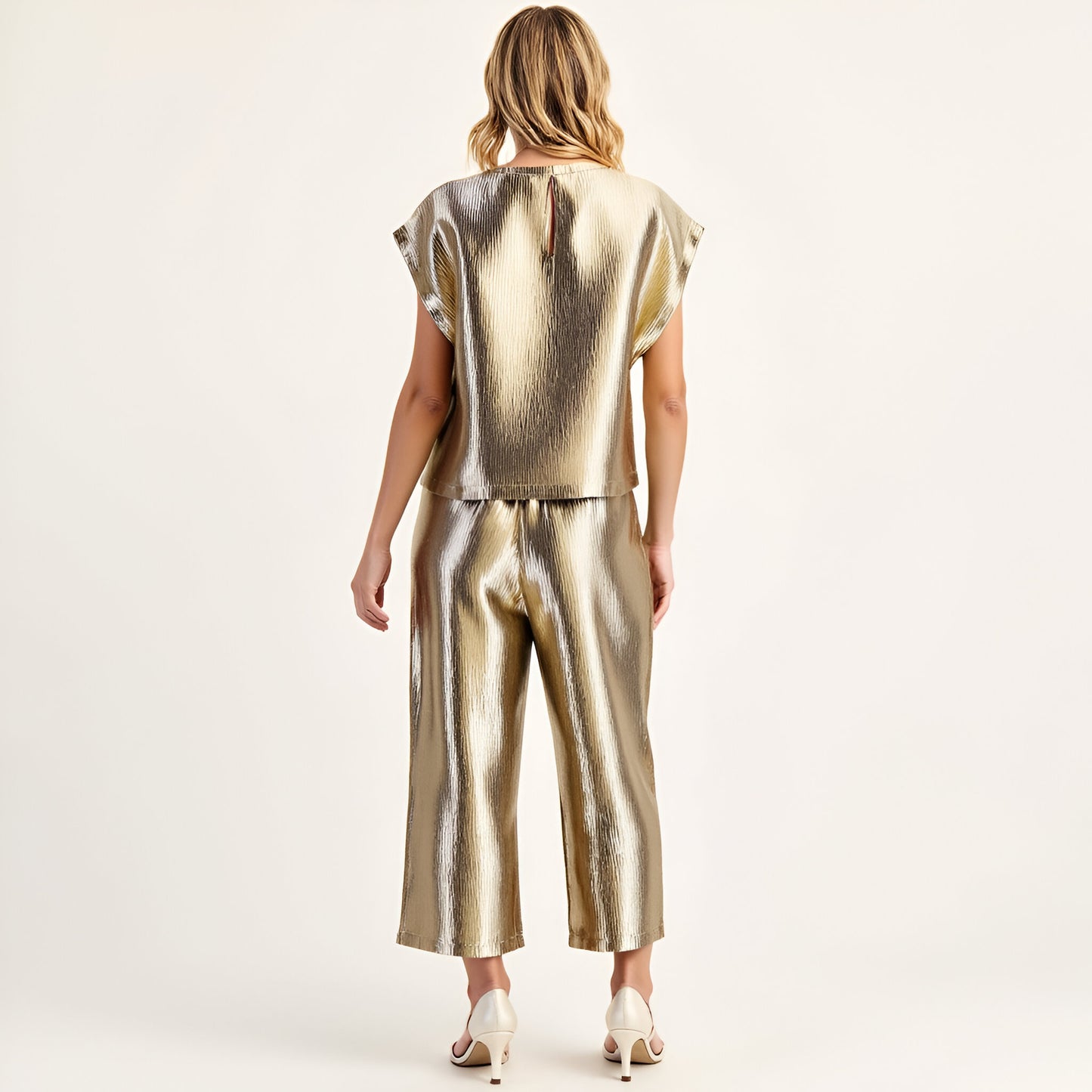 Short Sleeve Textured Satin Blouse with Relaxed Fit and Keyhole Back