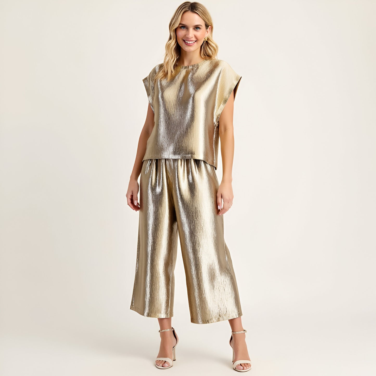 Short Sleeve Textured Satin Blouse with Relaxed Fit and Keyhole Back