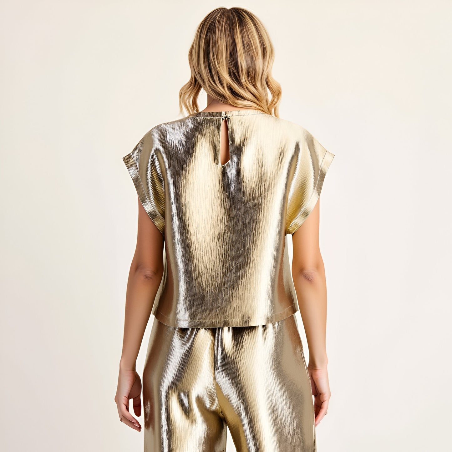 Short Sleeve Textured Satin Blouse with Relaxed Fit and Keyhole Back