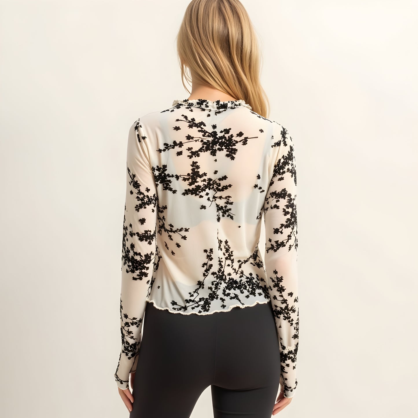 Sheer Mesh Long Sleeve Top with Floral Print and Lettuce Hem Detail