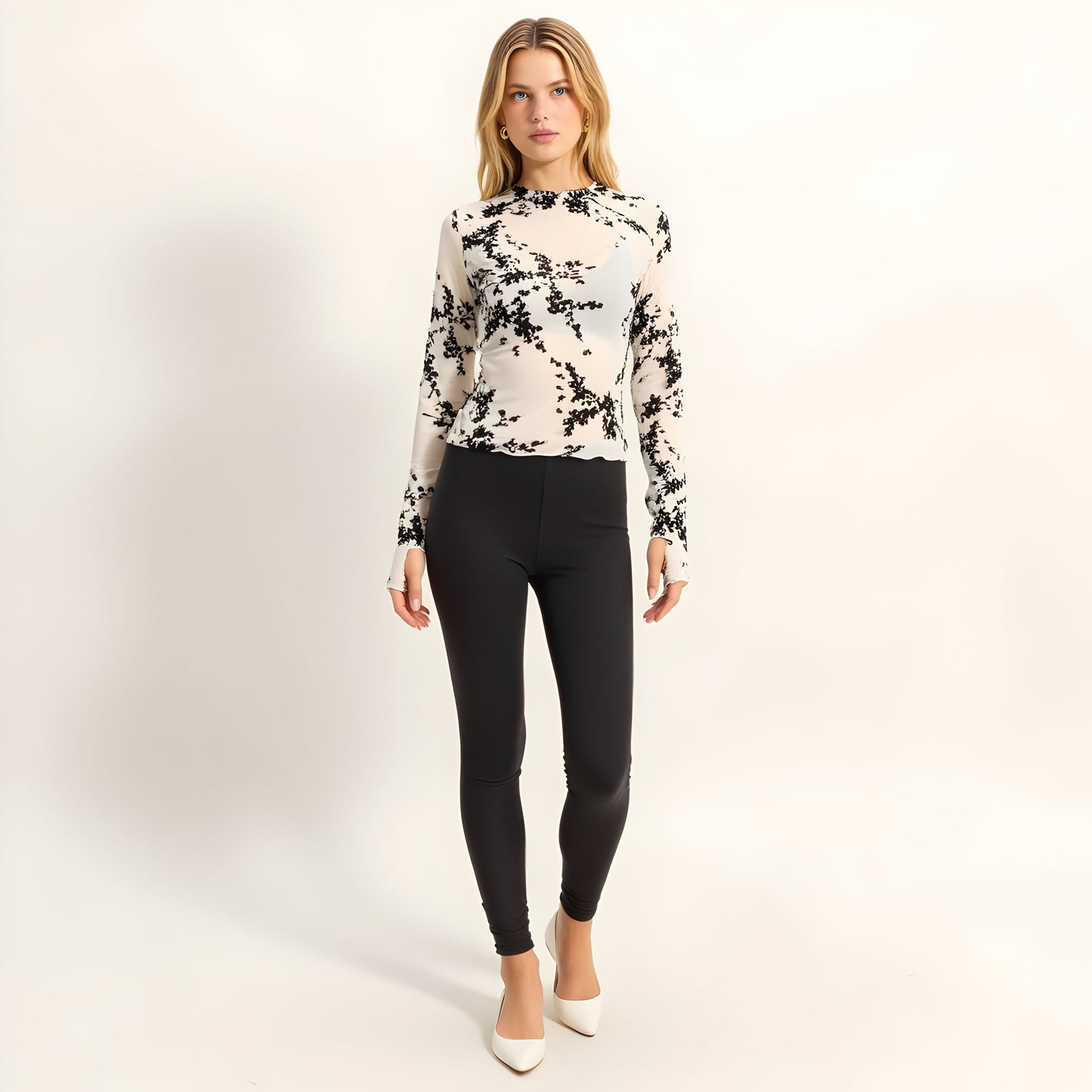 Sheer Mesh Long Sleeve Top with Floral Print and Lettuce Hem Detail