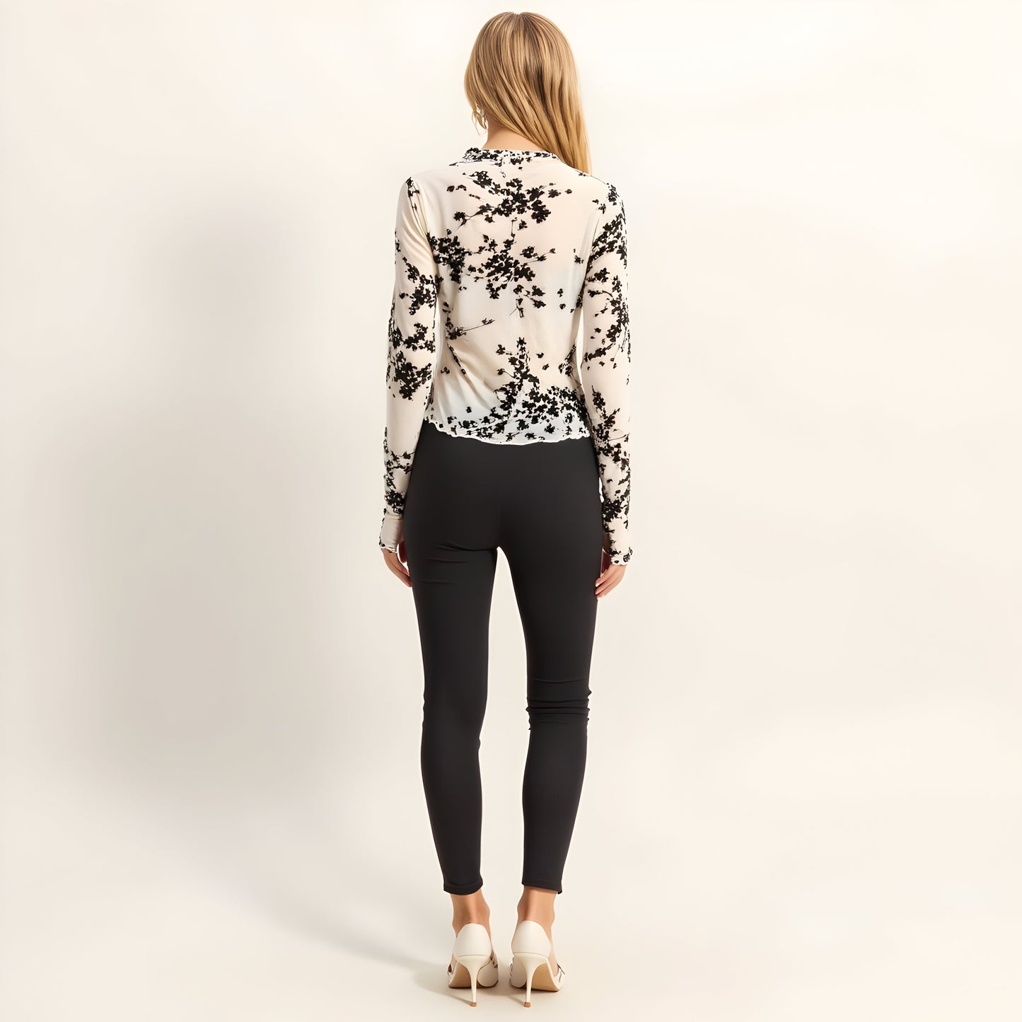 Sheer Mesh Long Sleeve Top with Floral Print and Lettuce Hem Detail