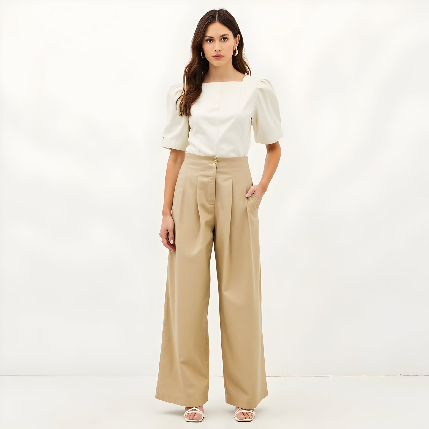 Pleated Wide-Leg Trousers with High Waist, Front Creases and Front Zip
