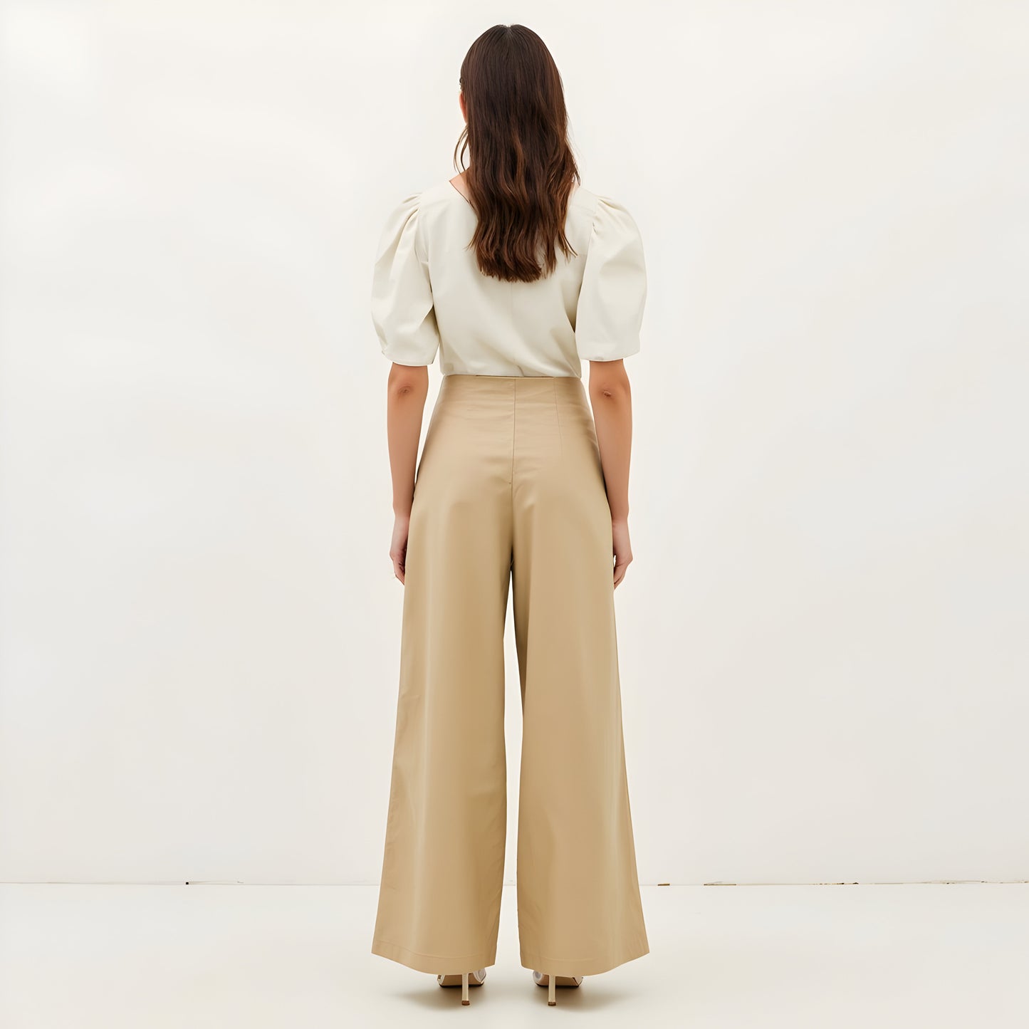 Pleated Wide-Leg Trousers with High Waist, Front Creases and Front Zip