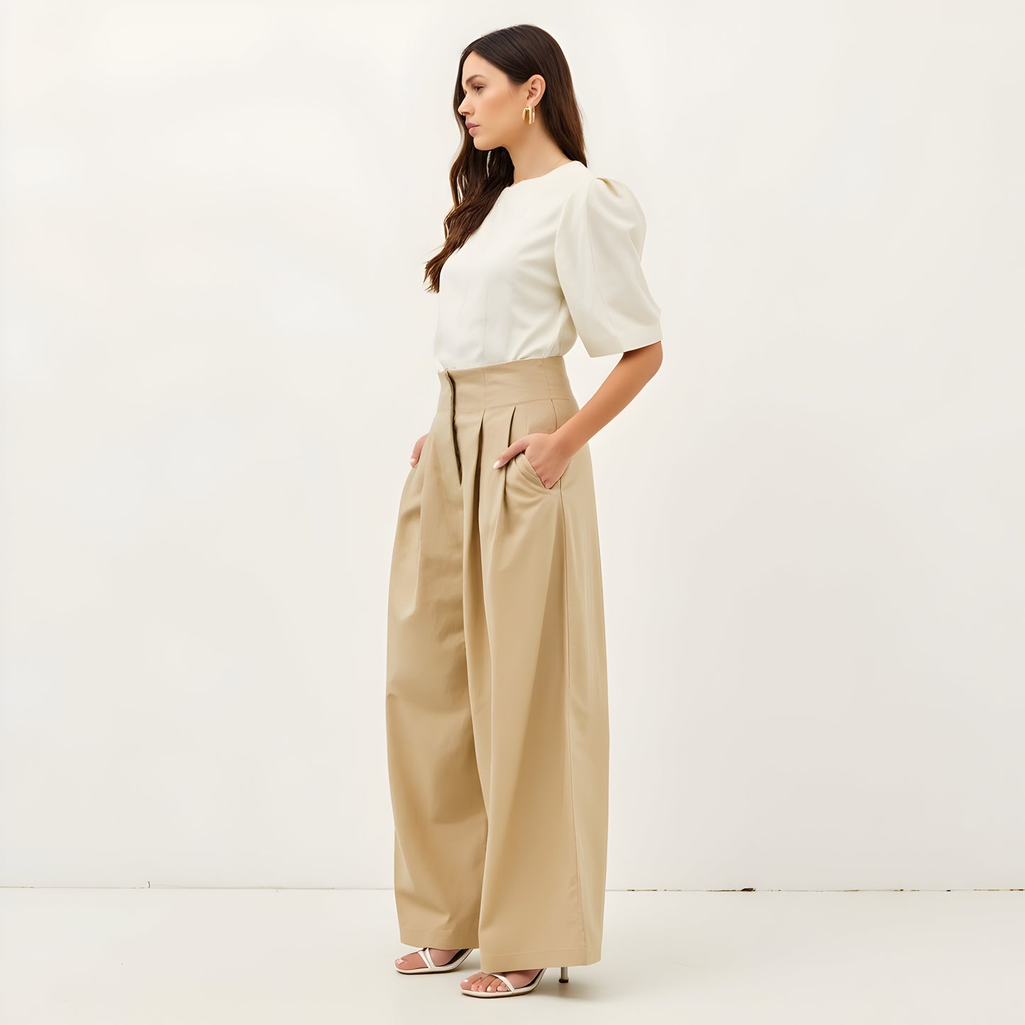 Pleated Wide-Leg Trousers with High Waist, Front Creases and Front Zip