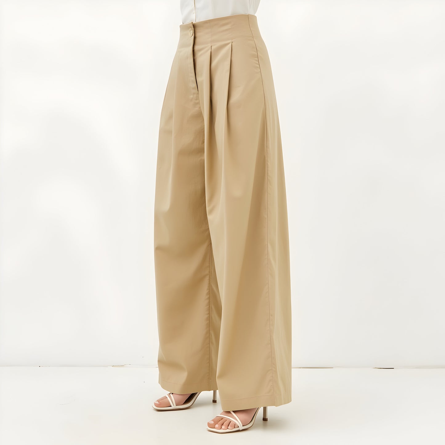 Pleated Wide-Leg Trousers with High Waist, Front Creases and Front Zip