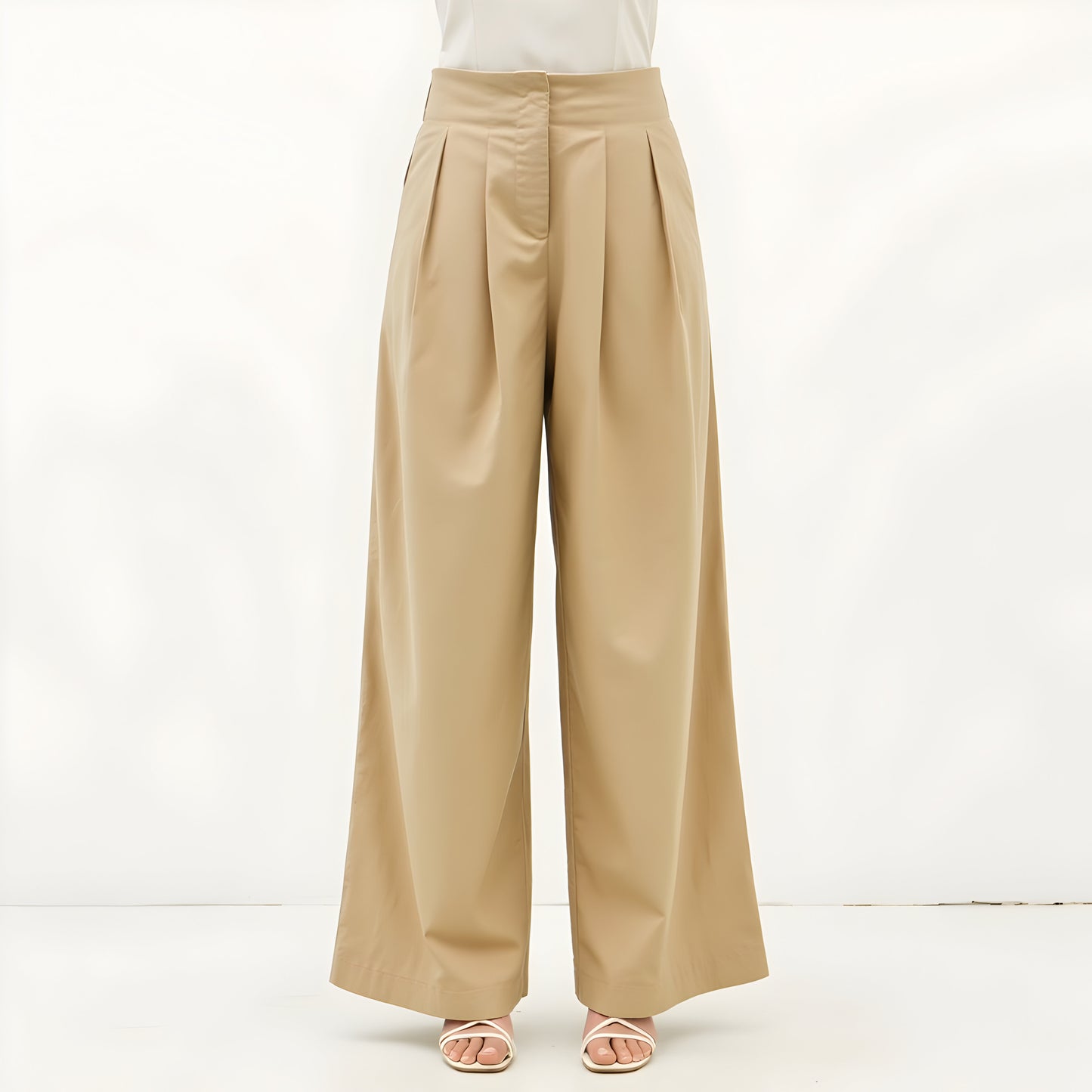 Pleated Wide-Leg Trousers with High Waist, Front Creases and Front Zip