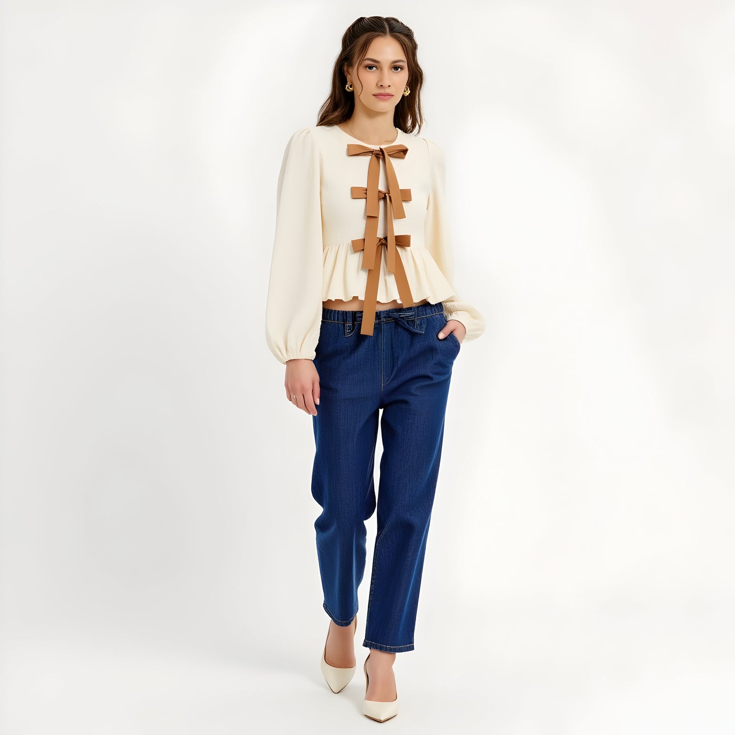 Textured Peplum Top with Long Sleeves, Bows and Puff Shoulder