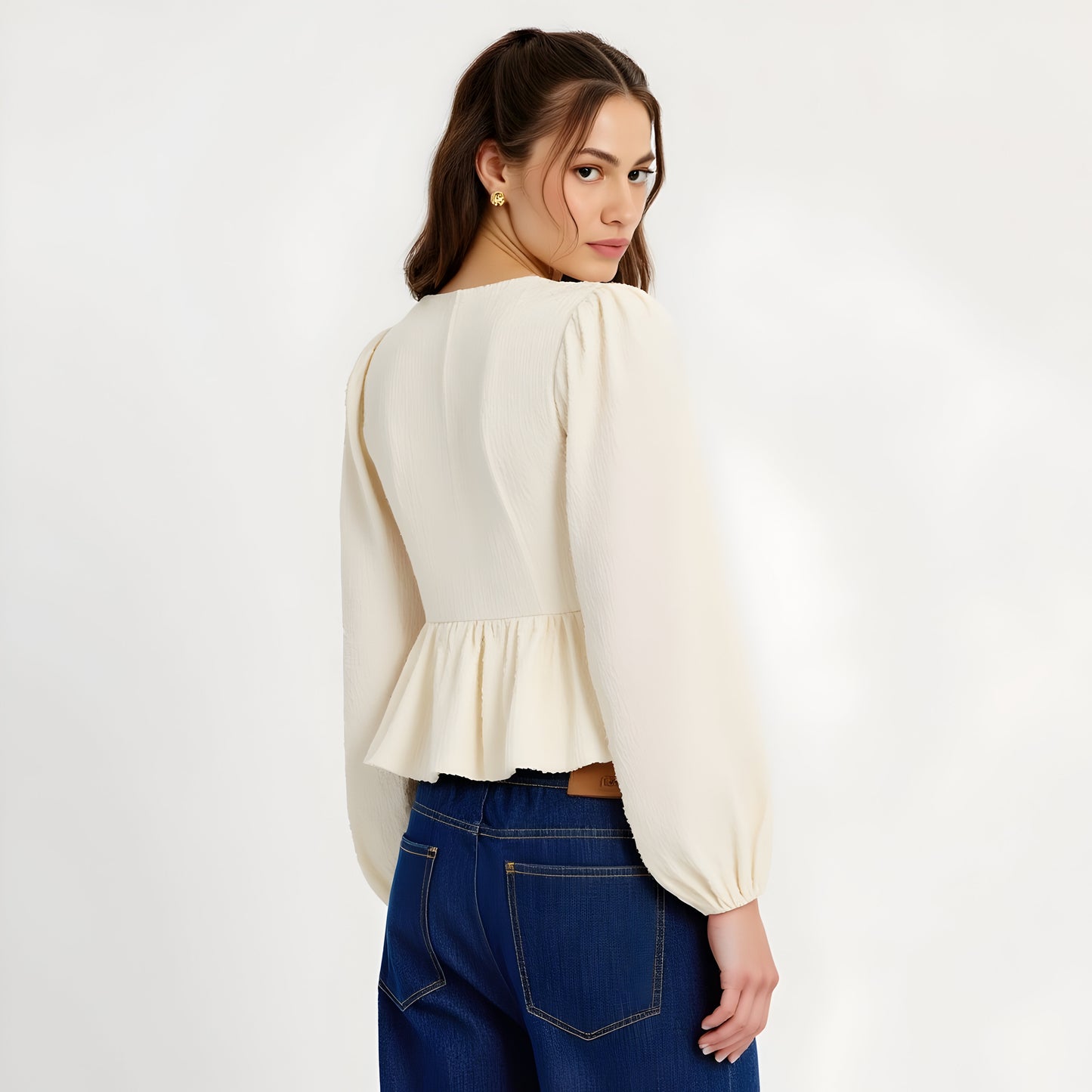 Textured Peplum Top with Long Sleeves, Bows and Puff Shoulder