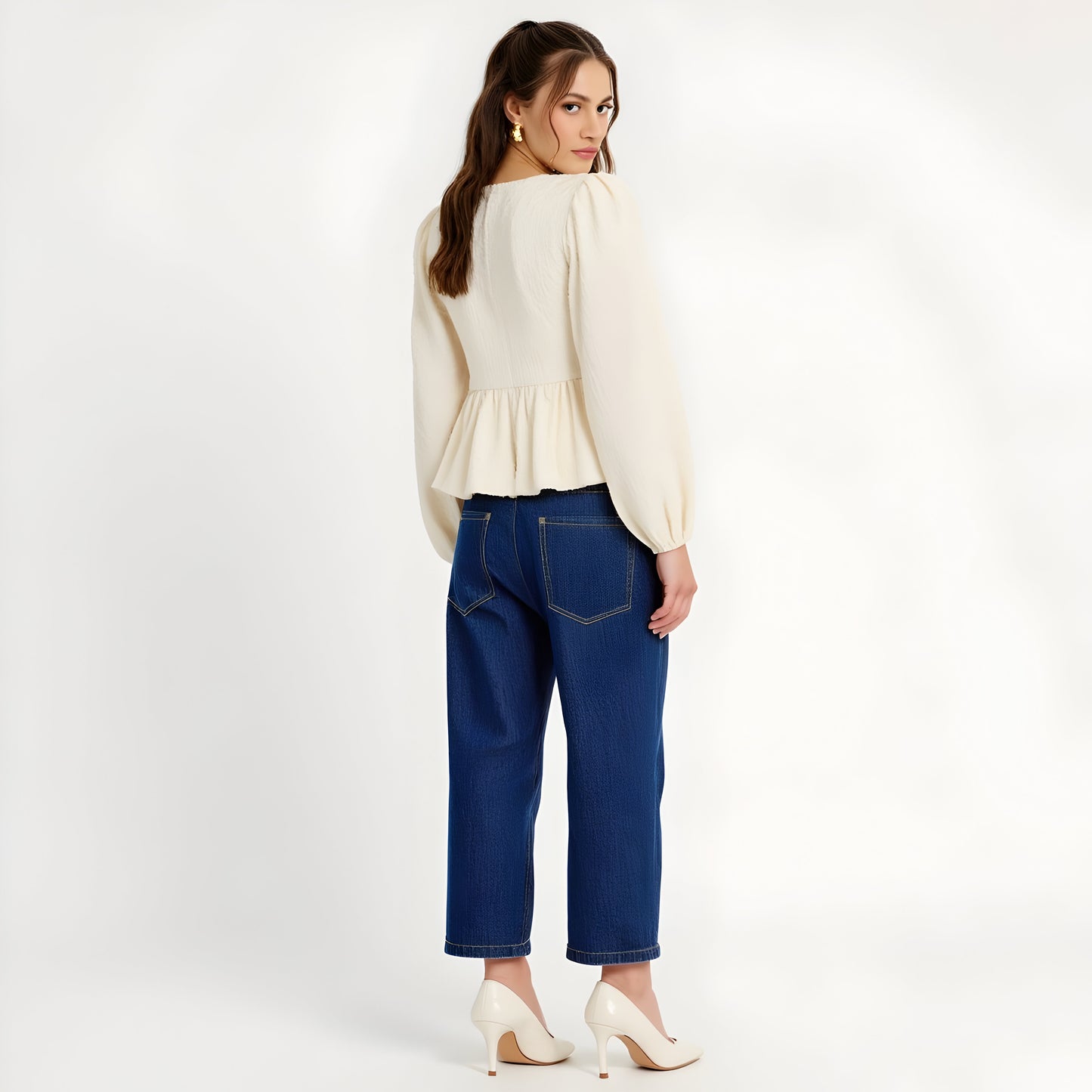 Textured Peplum Top with Long Sleeves, Bows and Puff Shoulder