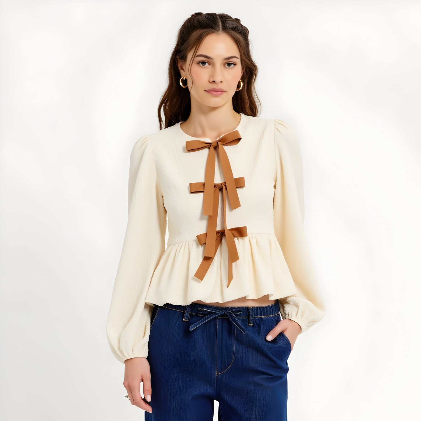 Textured Peplum Top with Long Sleeves, Bows and Puff Shoulder
