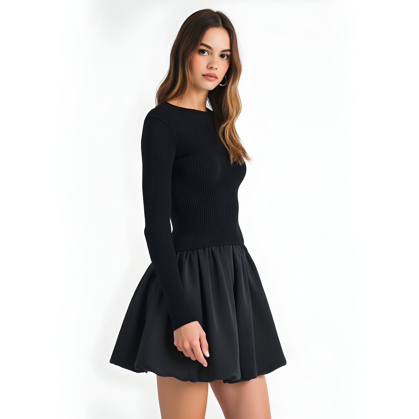 Knit and Woven Fit-and-Flare Mini Dress with Ribbed Long Sleeve Top
