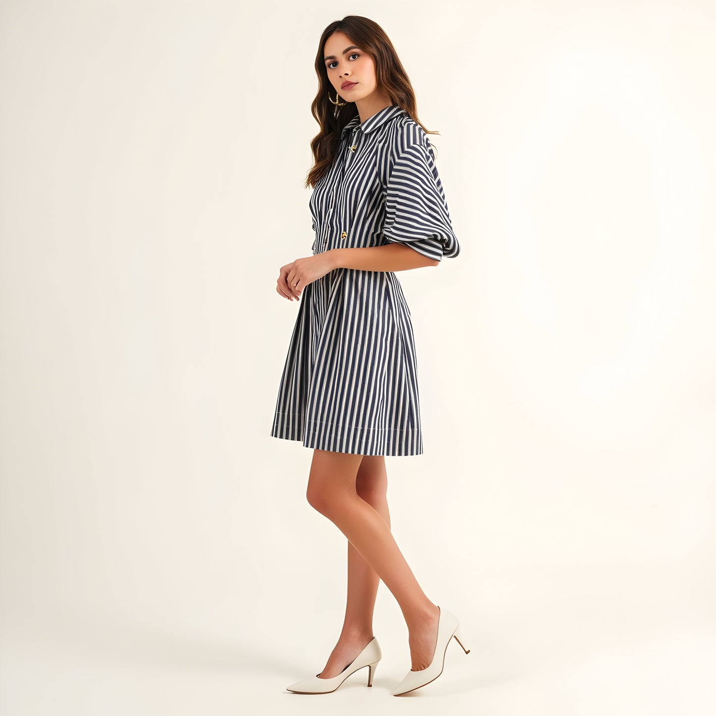 Striped Shirt Dress with Puff Elbow Sleeves, Button Front and Tailored Fit