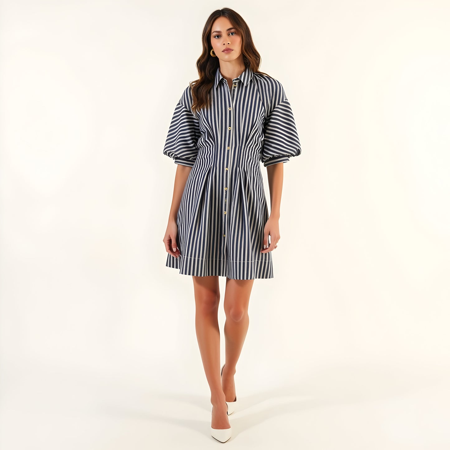 Striped Shirt Dress with Puff Elbow Sleeves, Button Front and Tailored Fit