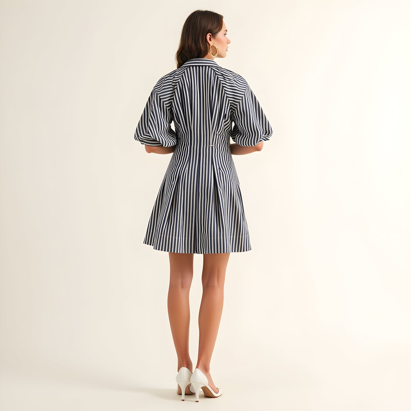 Striped Shirt Dress with Puff Elbow Sleeves, Button Front and Tailored Fit