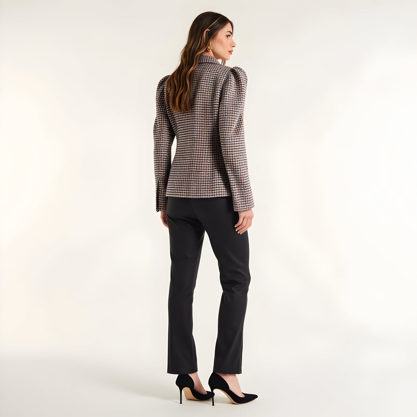Houndstooth Blazer with Puff Shoulders, Notch Lapels and Single Button
