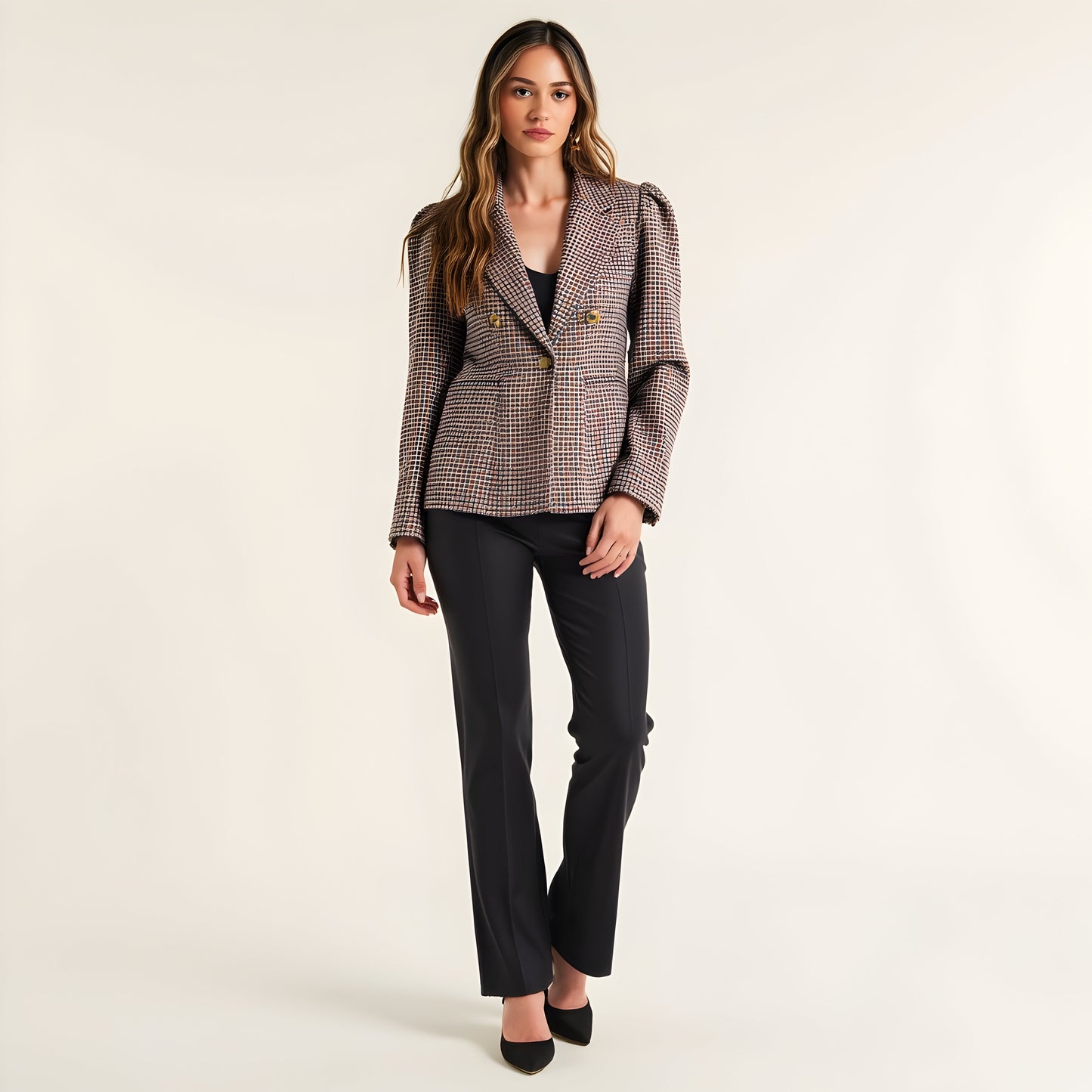 Houndstooth Blazer with Puff Shoulders, Notch Lapels and Single Button