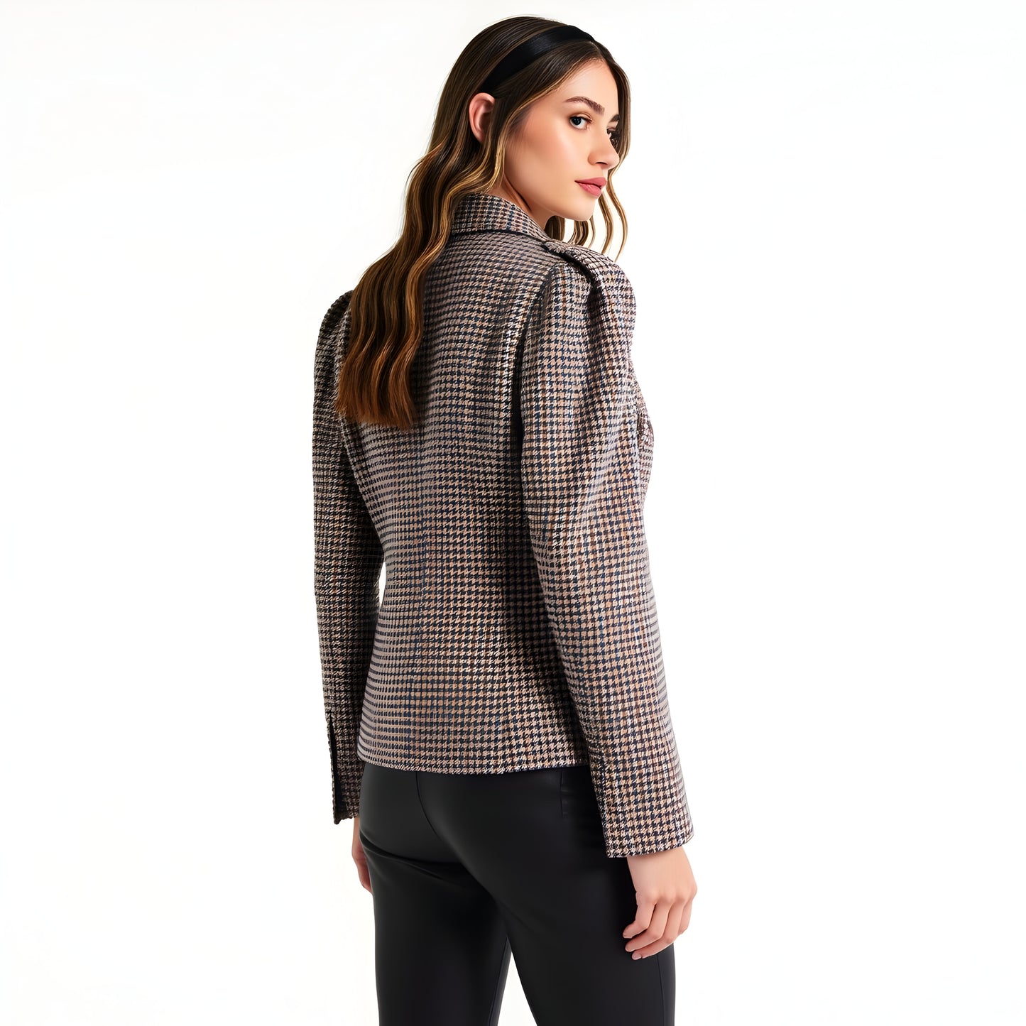 Houndstooth Blazer with Puff Shoulders, Notch Lapels and Single Button