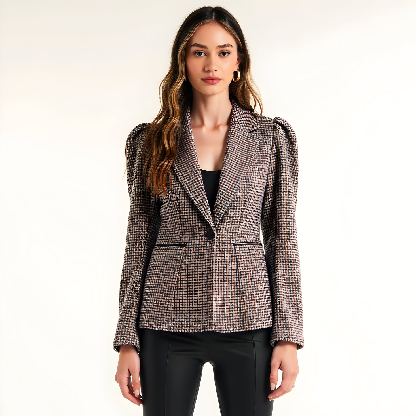 Houndstooth Blazer with Puff Shoulders, Notch Lapels and Single Button
