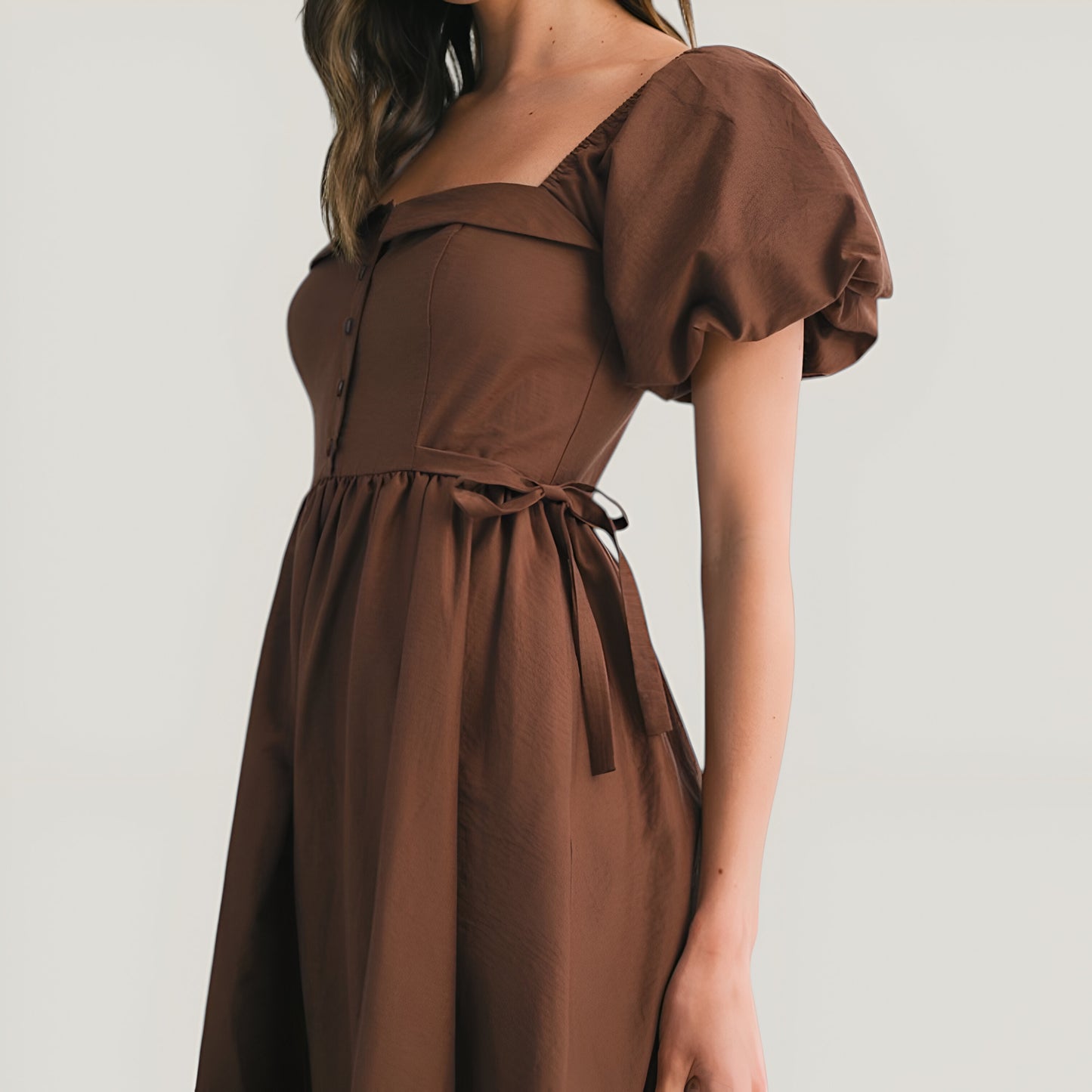 Square Neck Puff Sleeve Midi Dress with Side Tie Ribbon and Button Front