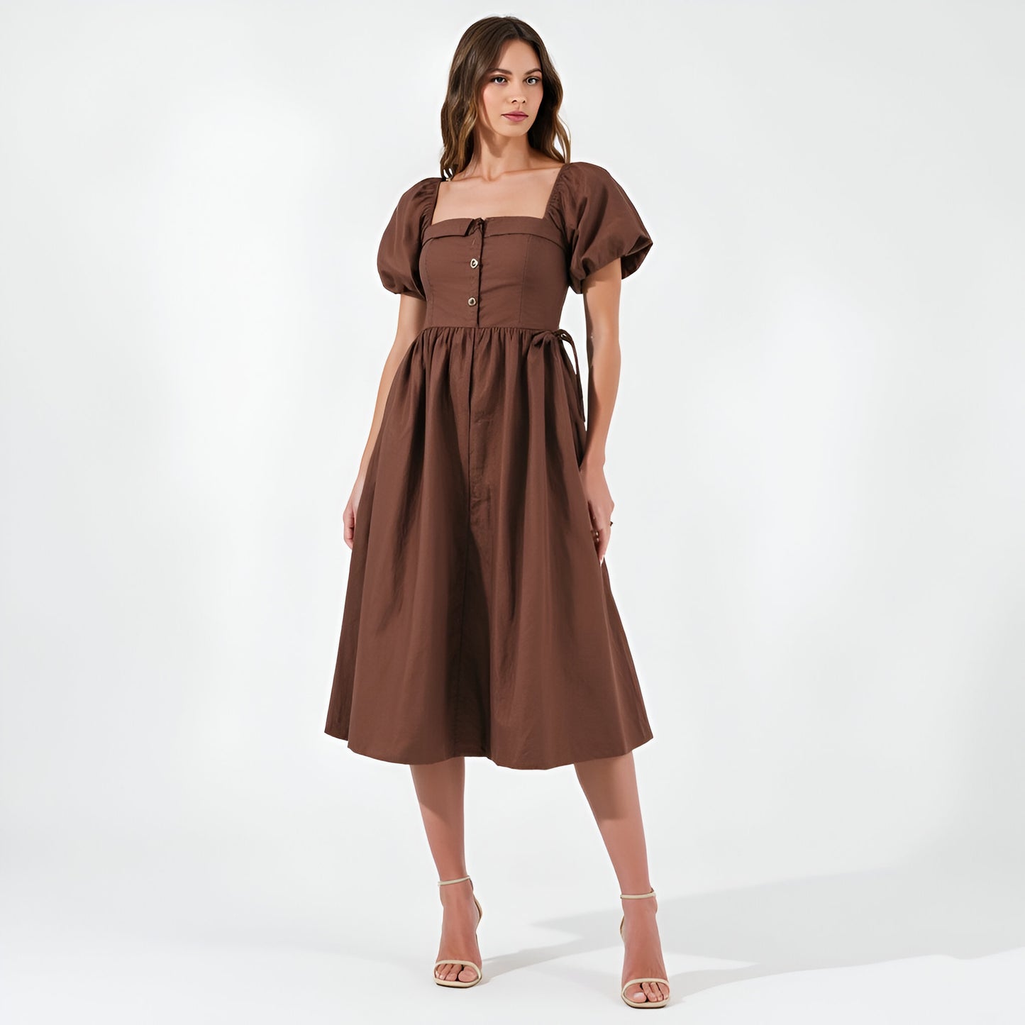 Square Neck Puff Sleeve Midi Dress with Side Tie Ribbon and Button Front