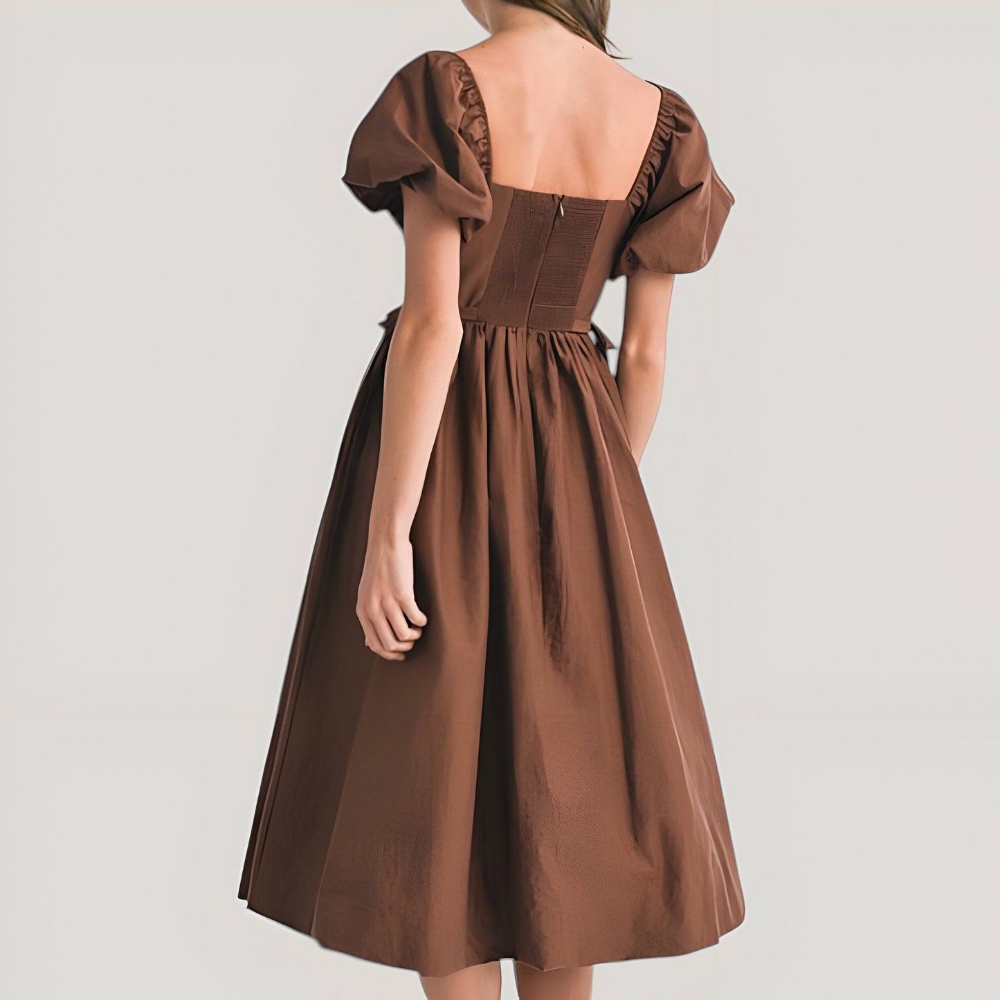 Square Neck Puff Sleeve Midi Dress with Side Tie Ribbon and Button Front