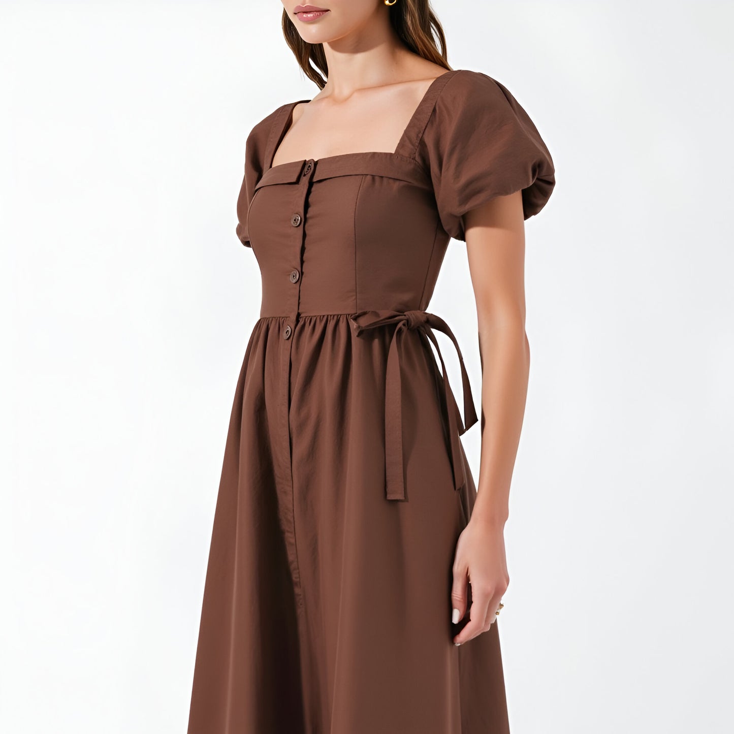 Square Neck Puff Sleeve Midi Dress with Side Tie Ribbon and Button Front