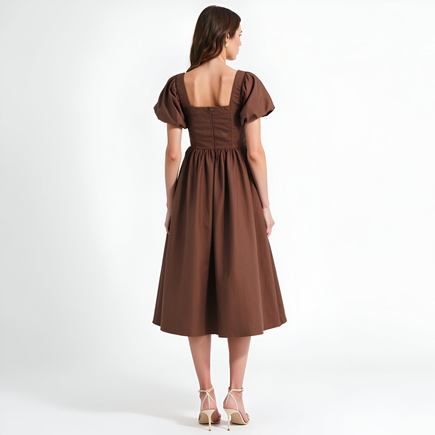 Square Neck Puff Sleeve Midi Dress with Side Tie Ribbon and Button Front