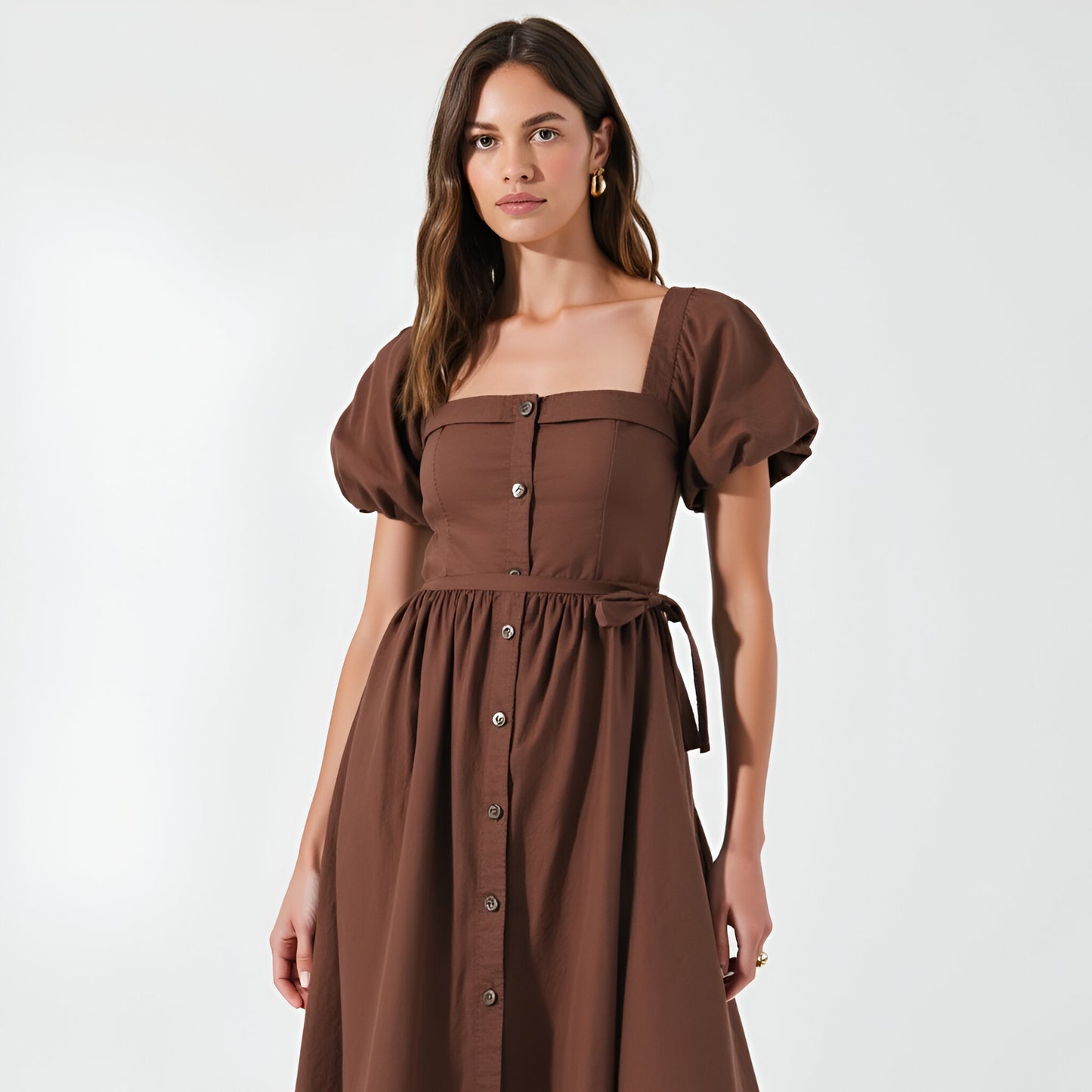 Square Neck Puff Sleeve Midi Dress with Side Tie Ribbon and Button Front