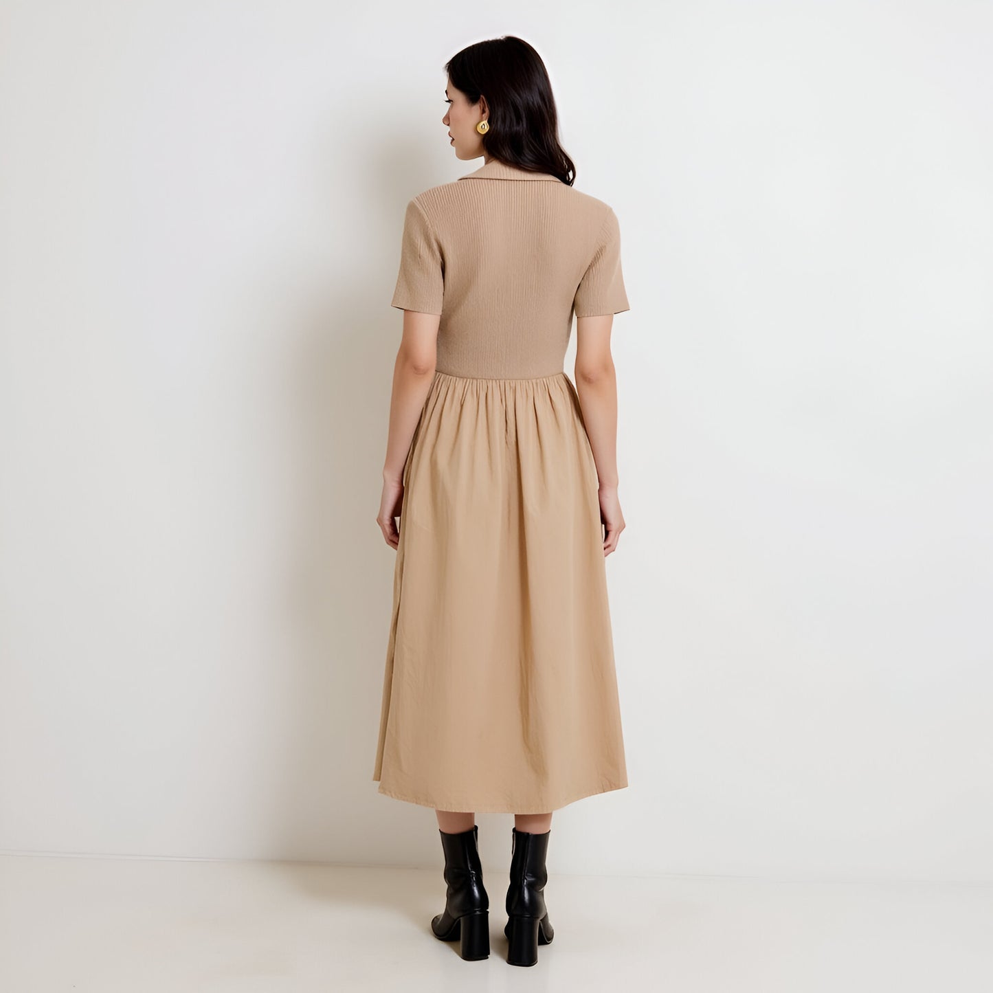 Polo Collar Short Sleeve Sweater Dress with Gathered A-Line Midi Skirt