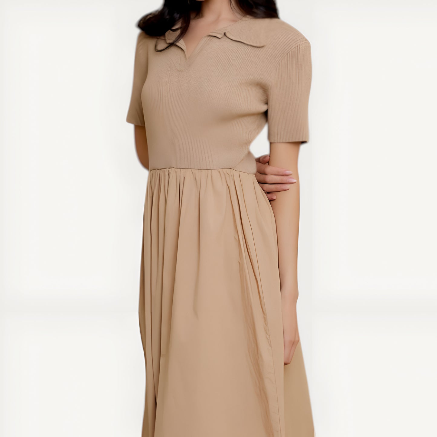 Polo Collar Short Sleeve Sweater Dress with Gathered A-Line Midi Skirt