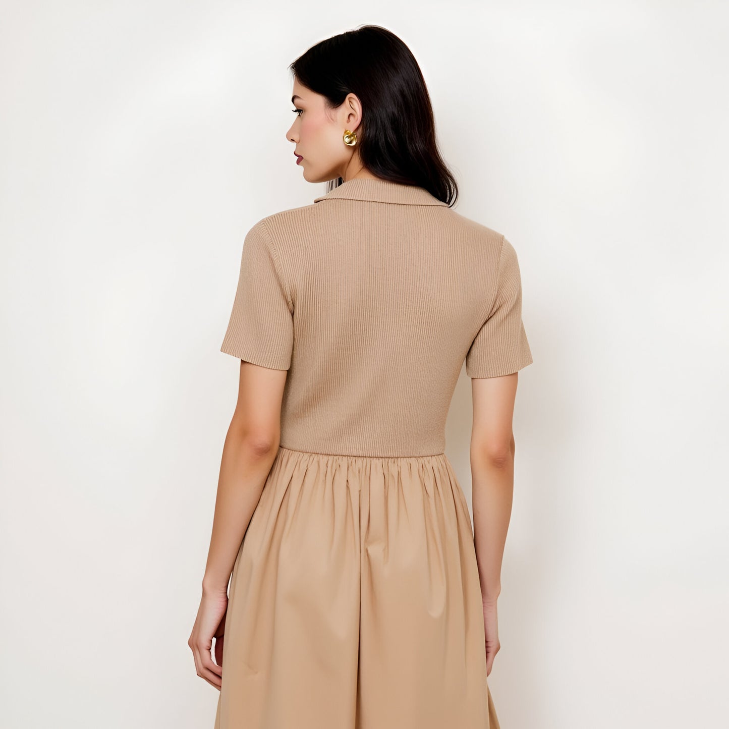 Polo Collar Short Sleeve Sweater Dress with Gathered A-Line Midi Skirt